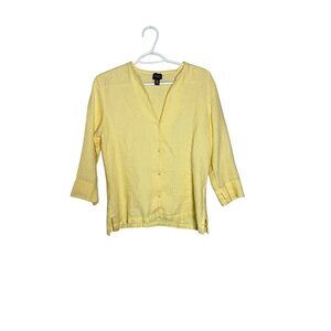Eileen Fisher Womens Yellow Textured Button-Front Tunic Top 3/4 Sleeve 100% Line